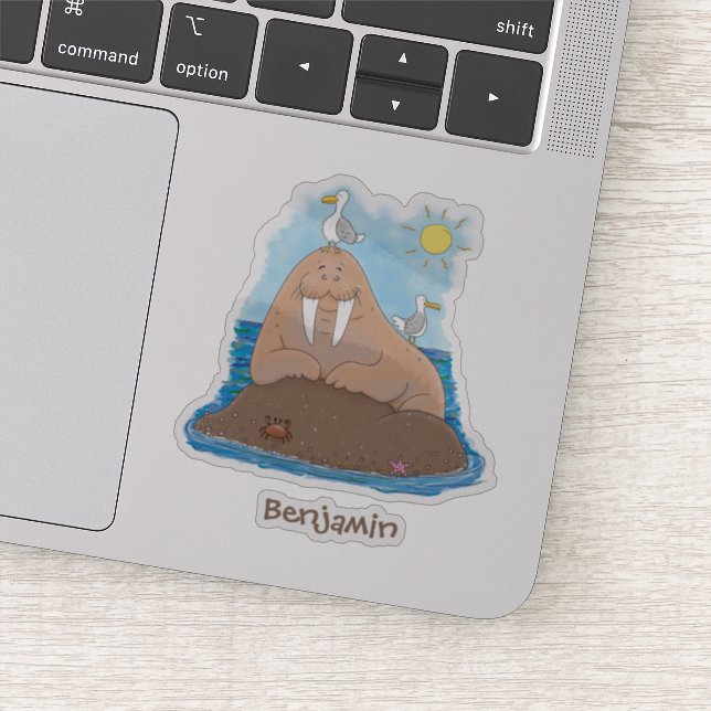 Funny happy walrus cartoon illustration sticker (Detail)