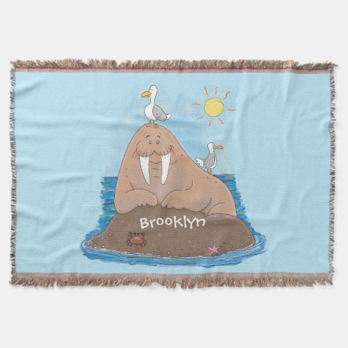 Funny happy walrus cartoon illustration throw blanket