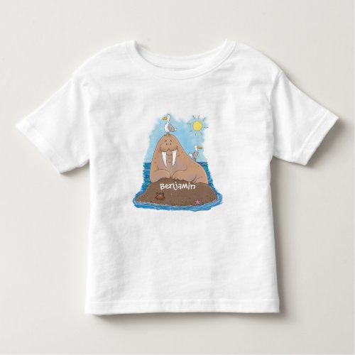 Funny happy walrus cartoon illustration toddler t_shirt