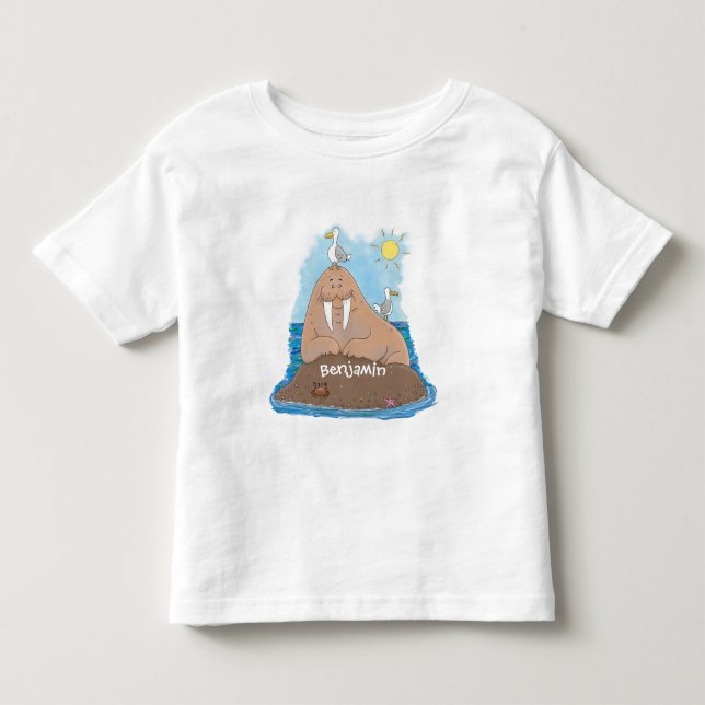 Funny happy walrus cartoon illustration toddler t-shirt (Front)