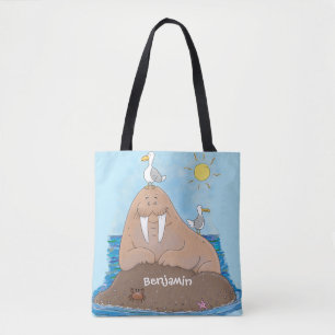 Funny happy walrus cartoon illustration tote bag