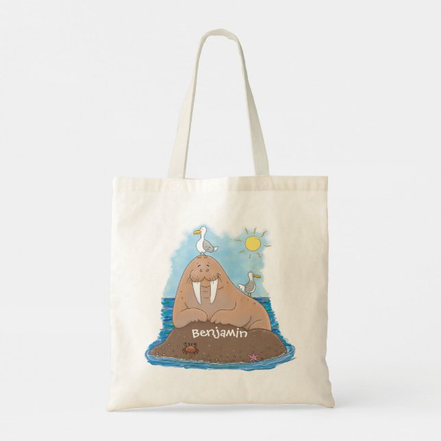 Funny happy walrus cartoon illustration tote bag (Back)