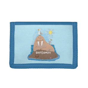 Funny happy walrus cartoon illustration tri-fold wallet