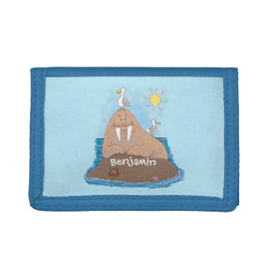 Funny happy walrus cartoon illustration tri-fold wallet