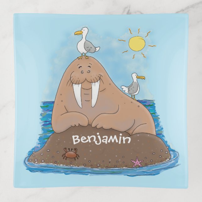 Funny happy walrus cartoon illustration trinket tray (Front)