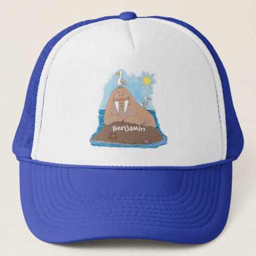 Funny happy walrus cartoon illustration trucker hat