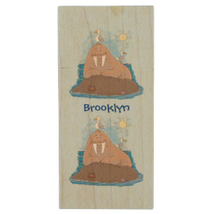 Funny happy walrus cartoon illustration wood flash drive
