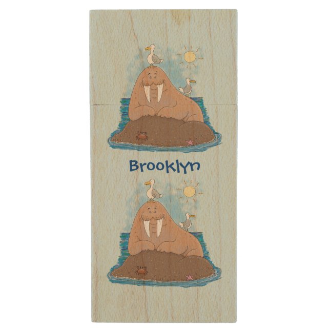Funny happy walrus cartoon illustration wood flash drive (Front Vertical)