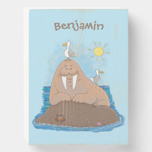 Funny happy walrus cartoon illustration wooden box sign