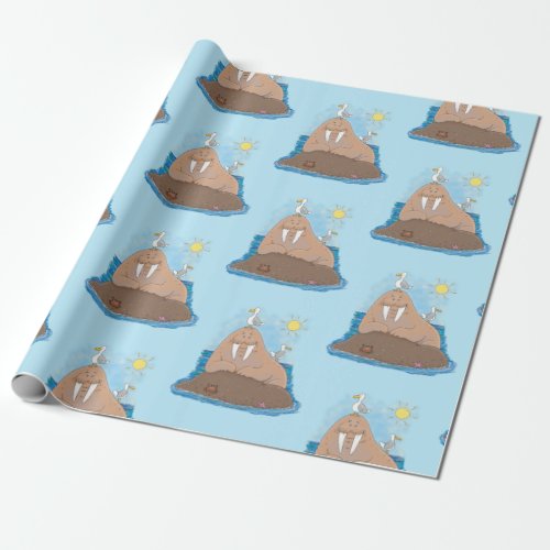 Funny happy walrus cartoon illustration wrapping paper