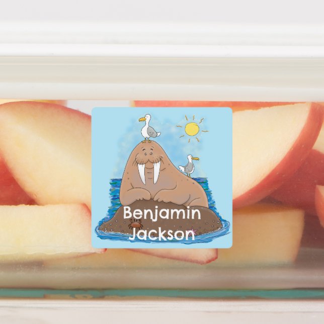 Funny happy walrus cartoon personalized labels (Affixed)