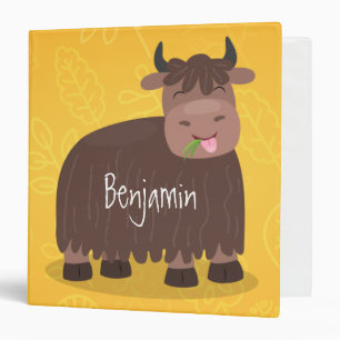 Funny happy yak eating grass cartoon illustration 3 ring binder