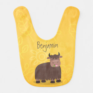 Funny happy yak eating grass cartoon illustration baby bib