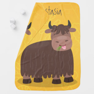 Funny happy yak eating grass cartoon illustration baby blanket