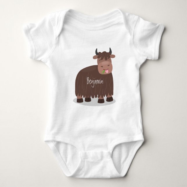 Funny happy yak eating grass cartoon illustration baby bodysuit (Front)
