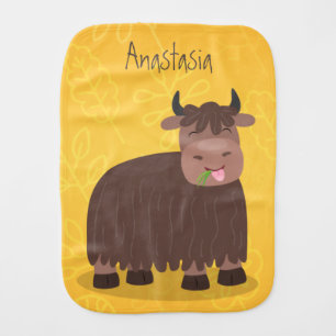 Funny happy yak eating grass cartoon illustration baby burp cloth
