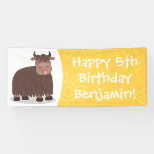 Funny happy yak eating grass cartoon illustration banner