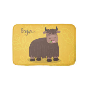 Funny happy yak eating grass cartoon illustration bath mat