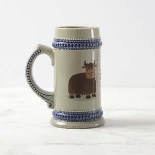Funny happy yak eating grass cartoon illustration beer stein