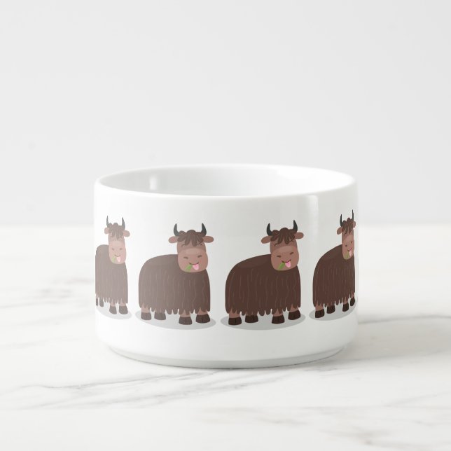 Funny happy yak eating grass cartoon illustration bowl (Center)