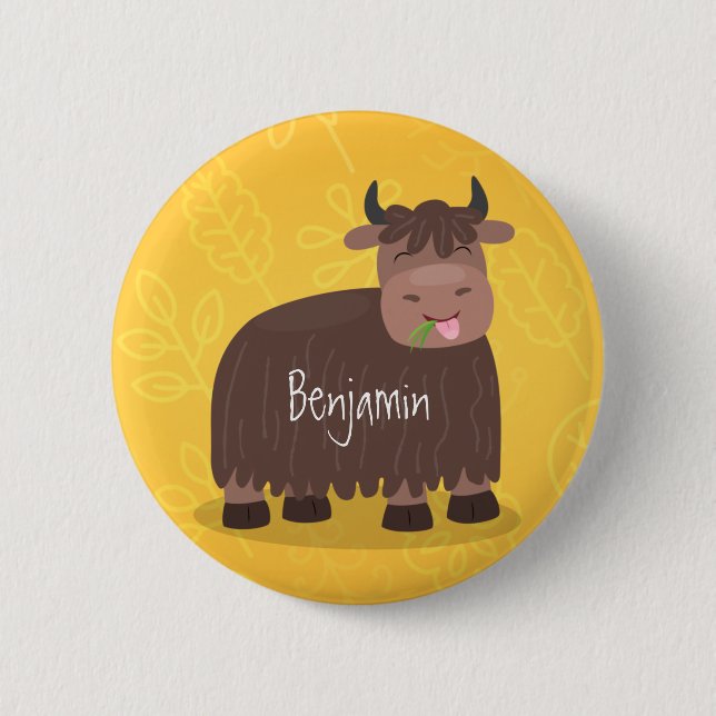 Funny happy yak eating grass cartoon illustration button (Front)