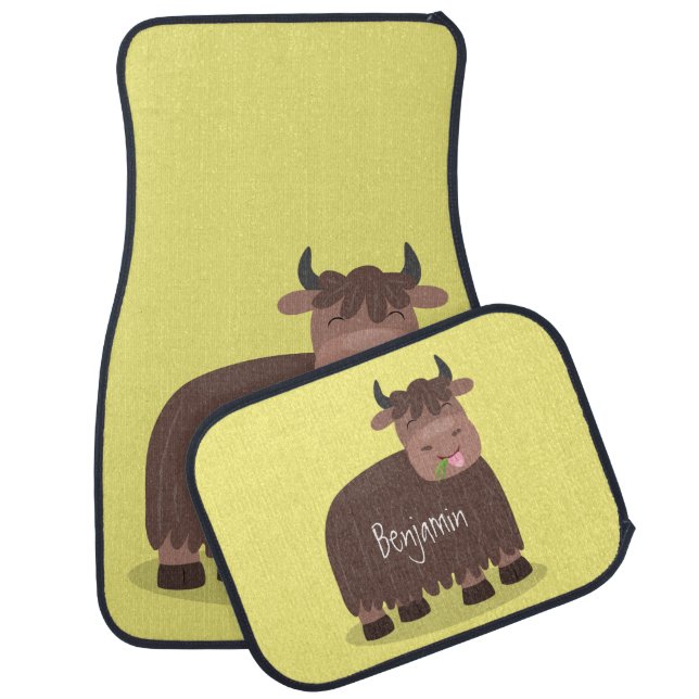 Funny happy yak eating grass cartoon illustration  car floor mat (Set)