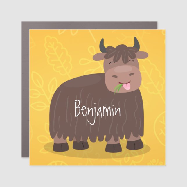 Funny happy yak eating grass cartoon illustration car magnet (Front)