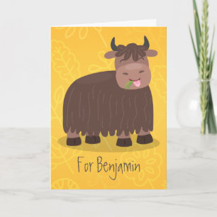 Funny happy yak eating grass cartoon illustration card