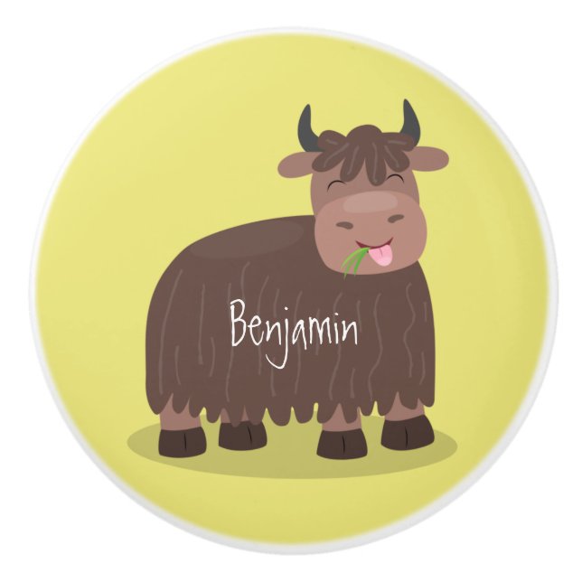 Funny happy yak eating grass cartoon illustration ceramic knob (Front)