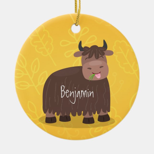 Funny happy yak eating grass cartoon illustration ceramic ornament (Front)