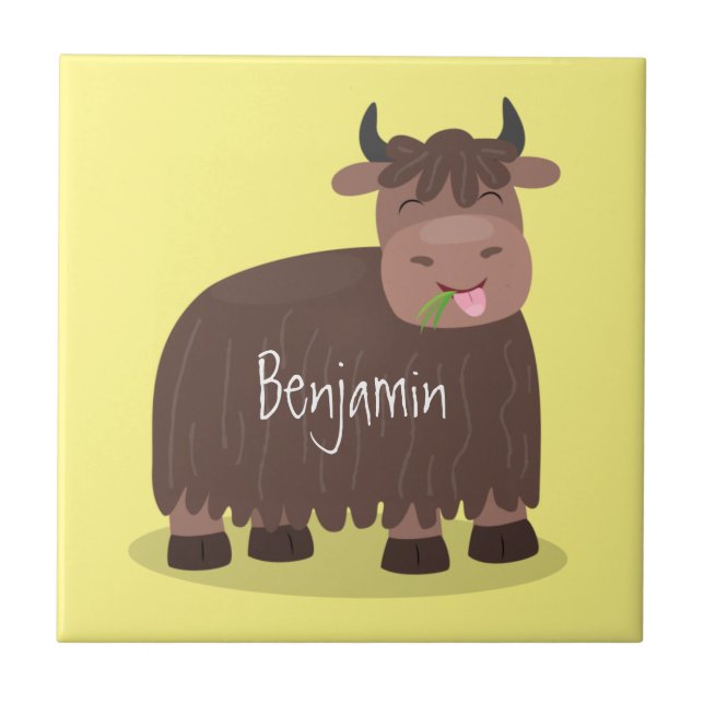 Funny happy yak eating grass cartoon illustration ceramic tile (Front)