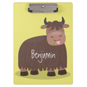 Funny happy yak eating grass cartoon illustration clipboard