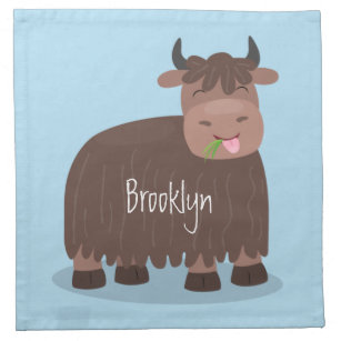 Funny happy yak eating grass cartoon illustration cloth napkin