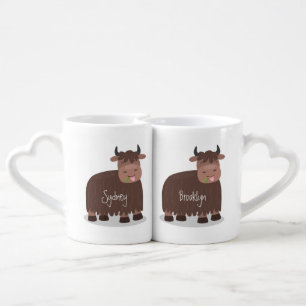 Funny happy yak eating grass cartoon illustration coffee mug set