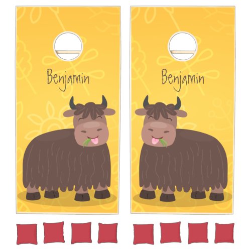 Funny happy yak eating grass cartoon illustration cornhole set