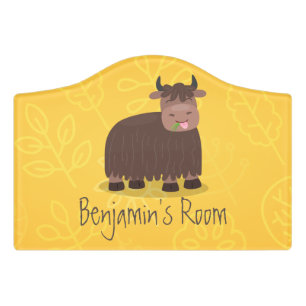 Funny happy yak eating grass cartoon illustration door sign