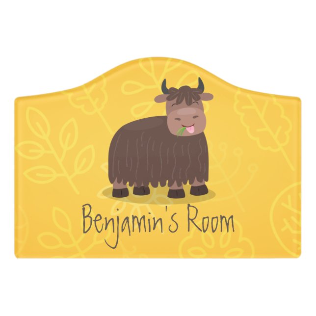 Funny happy yak eating grass cartoon illustration door sign (Small Crest Front)