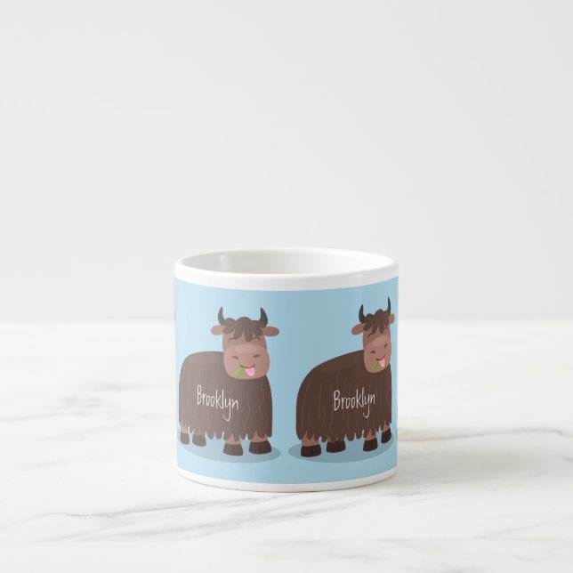 Funny happy yak eating grass cartoon illustration espresso cup (Front)