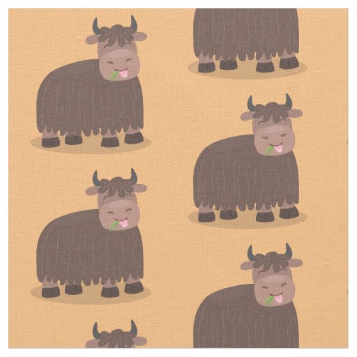 Funny happy yak eating grass cartoon illustration fabric