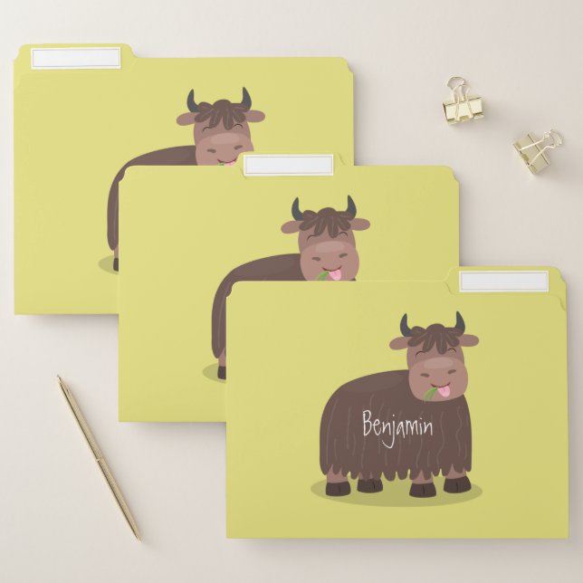 Funny happy yak eating grass cartoon illustration file folder (Set)