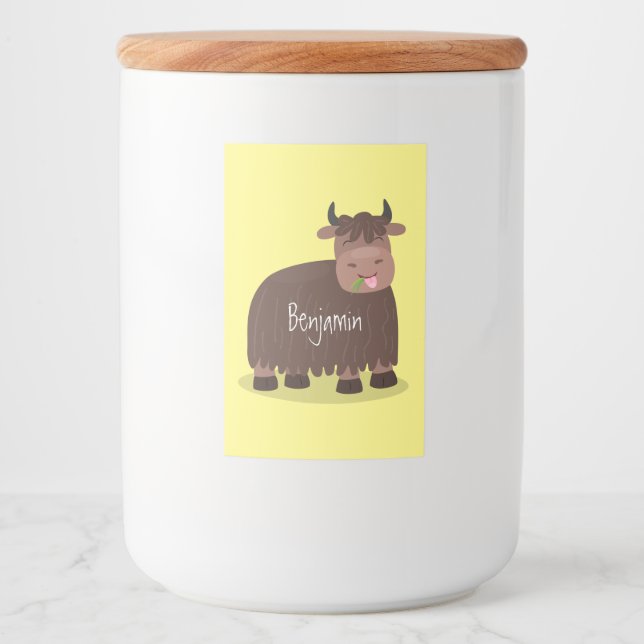 Funny happy yak eating grass cartoon illustration food label (Front)