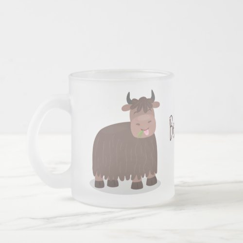 Funny happy yak eating grass cartoon illustration frosted glass coffee mug