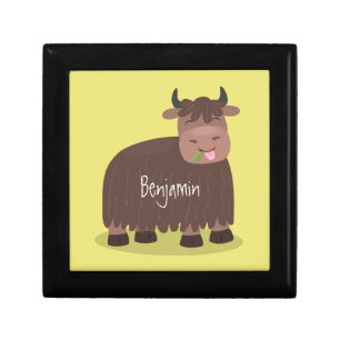Funny happy yak eating grass cartoon illustration gift box