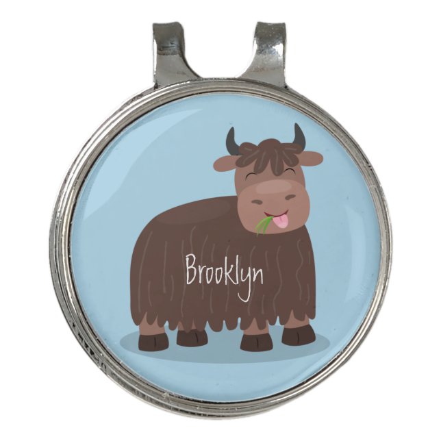 Funny happy yak eating grass cartoon illustration golf hat clip (Front)