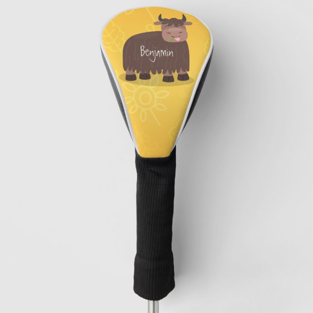 Funny happy yak eating grass cartoon illustration golf head cover (Front)