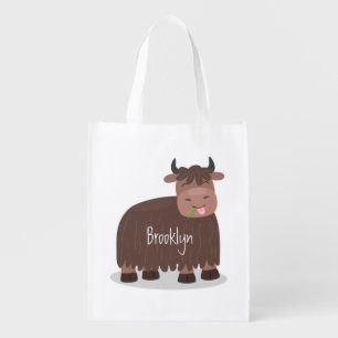 Funny happy yak eating grass cartoon illustration grocery bag