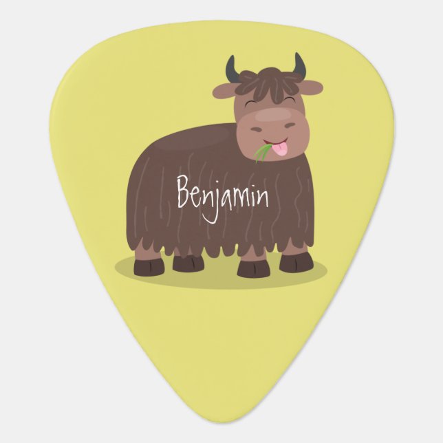 Funny happy yak eating grass cartoon illustration  guitar pick (Front)