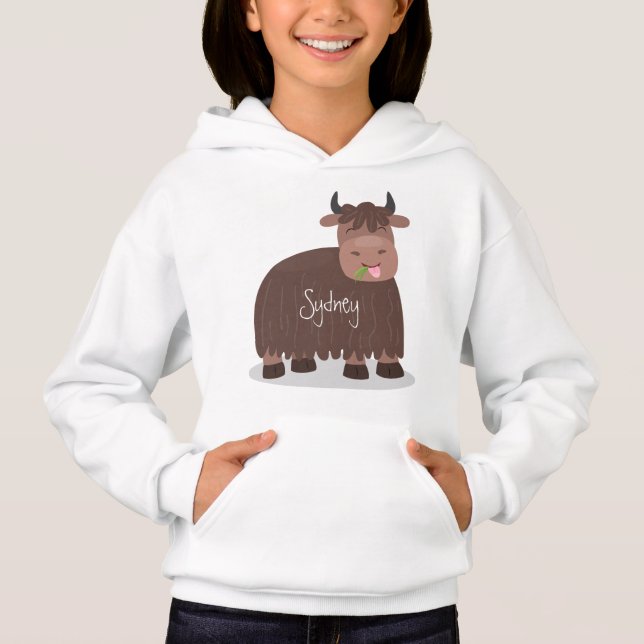 Funny happy yak eating grass cartoon illustration hoodie (Front)