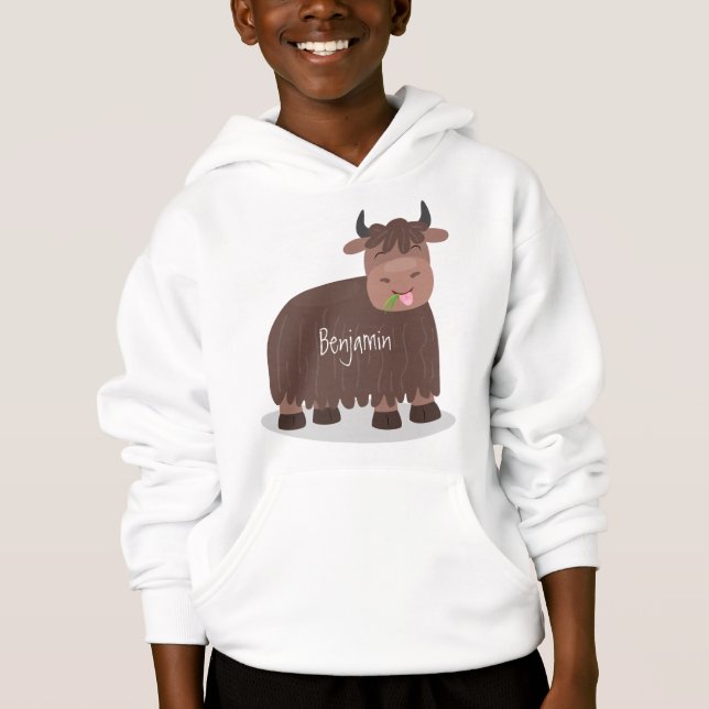 Funny happy yak eating grass cartoon illustration hoodie (Front)