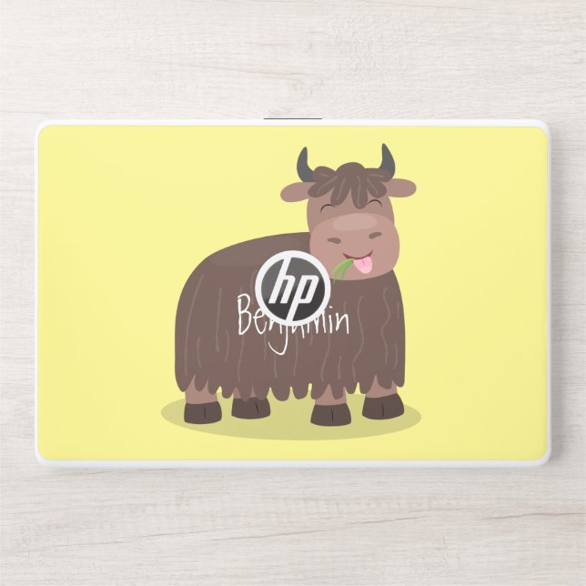 Funny happy yak eating grass cartoon illustration HP laptop skin (Front)